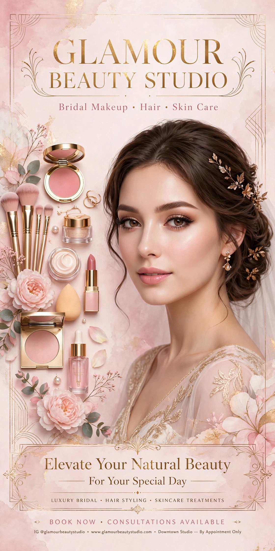 Glamour Beauty Studio makeup parlour poster design — bridal makeup, hair and skin care