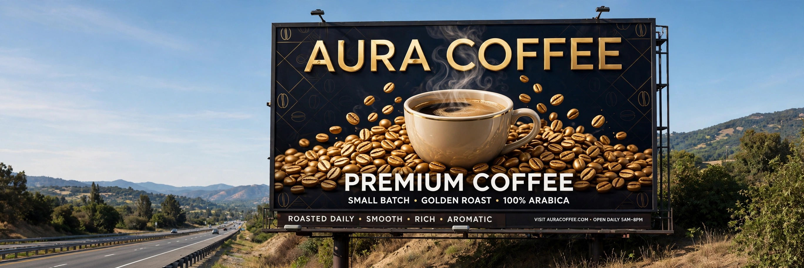 Aura Coffee premium coffee billboard design beside a highway