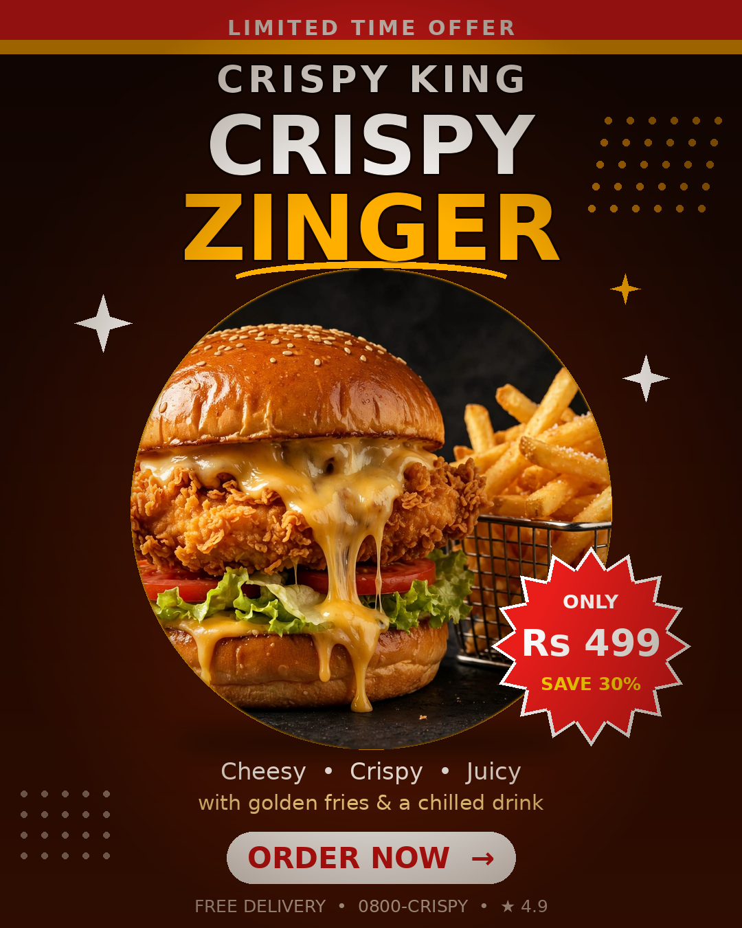 Crispy King Zinger Burger fast-food poster design by Muhammad Usman